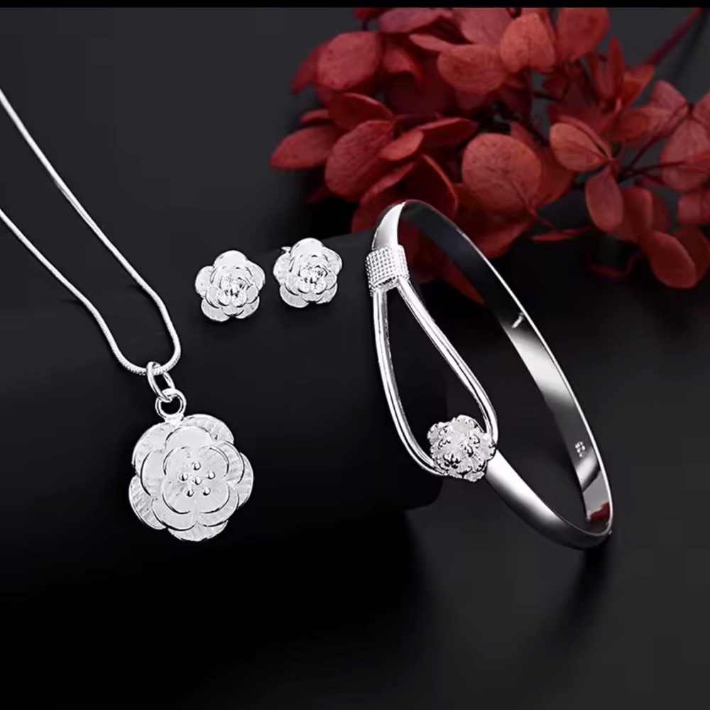 Sterling Silver Floral Pendant Necklace, Bracelet & Stud Earring Set